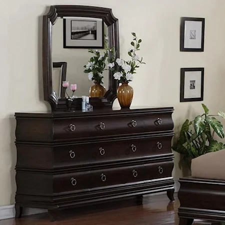 Transitional Triple Dresser with Shaped Molding Mirror